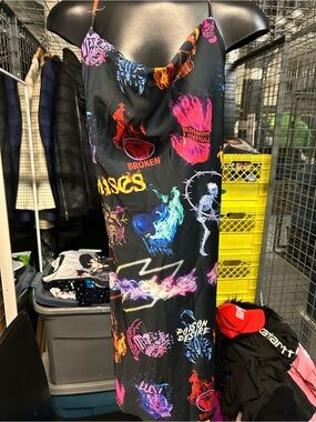 Broken Promises  Satin Graphic Print Slip Dress with Neon Motifs skater XL